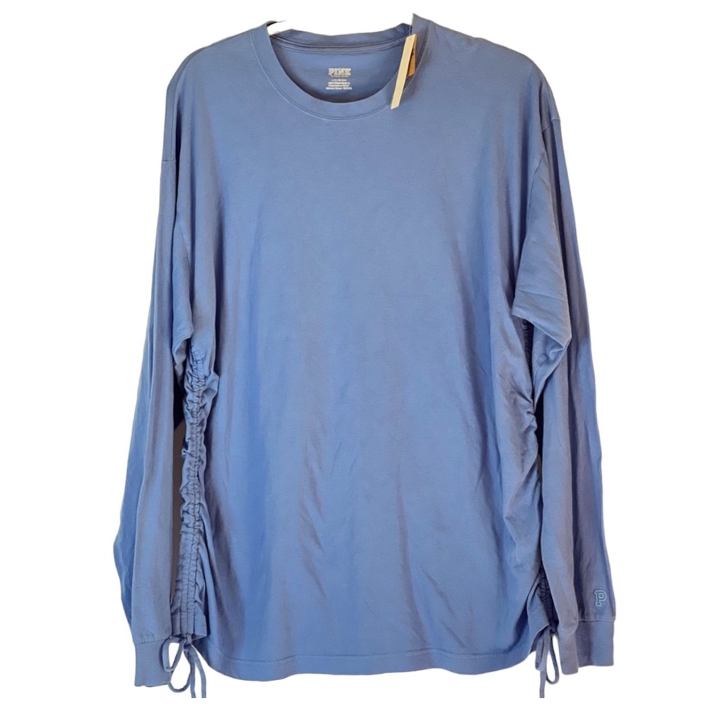 PINK Victoria’s Secret Womens Campus Crew T Shirt Large Blue Ruched Long Sleeve